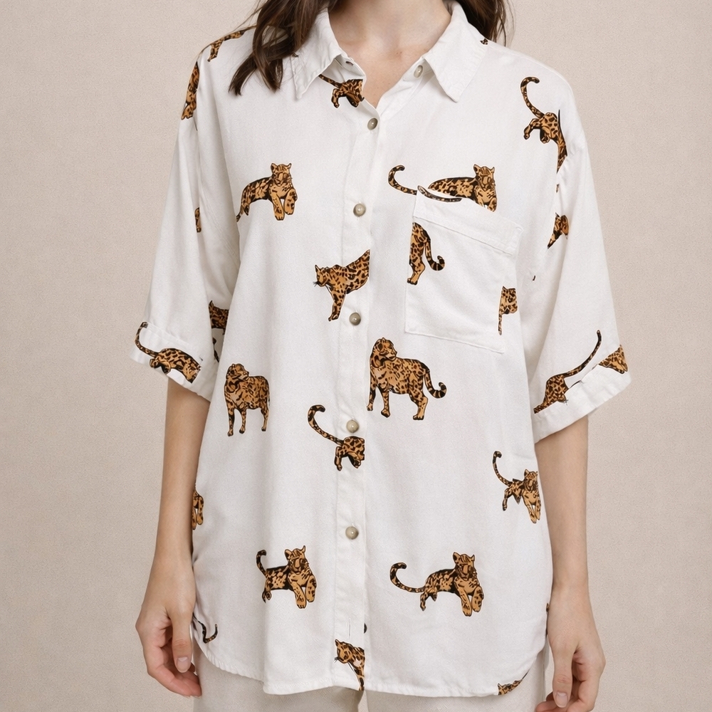 A Hint of Blush Leopard Print Button Down Shirt Safari Animal Print Blouse – XL